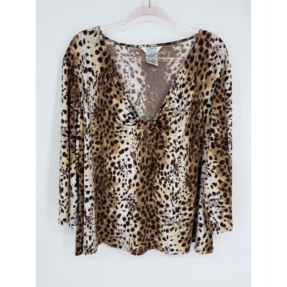 George Animal Print V Neck Long Sleeve Top Women Sz 2X 26W/28W Leopard